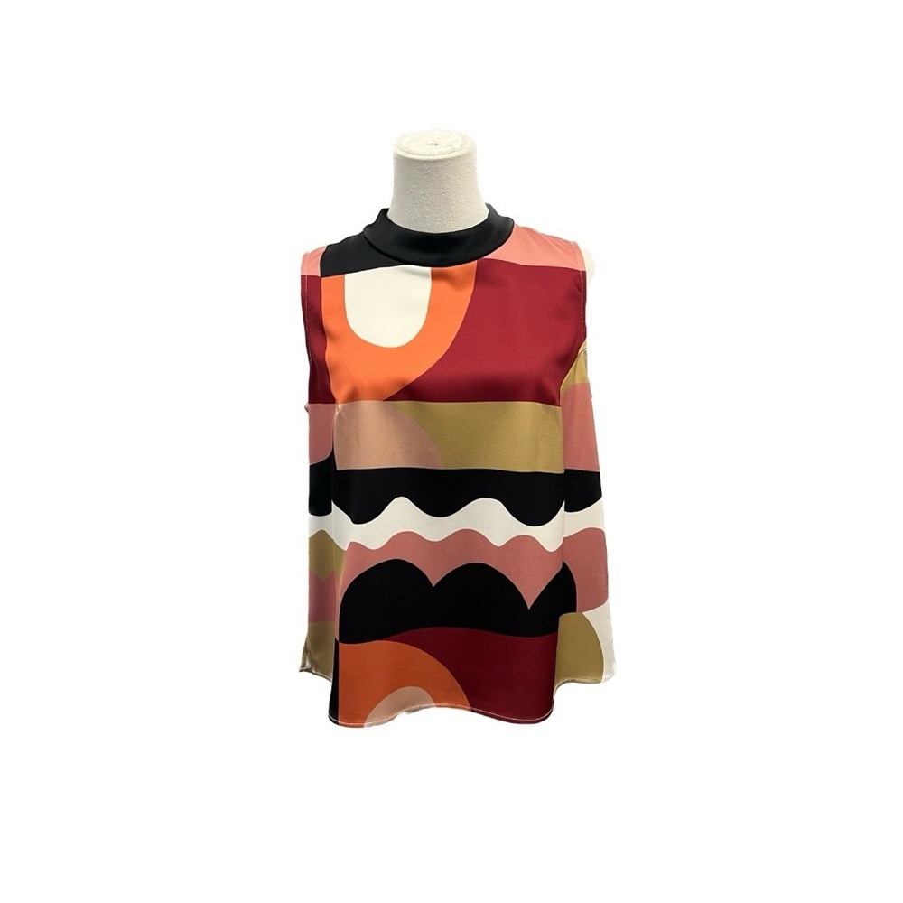MARELLA Black White red orange Graphic Sleeveless Blouse Mandarin Collar work